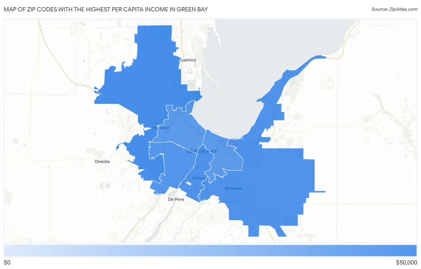 Zip Codes with the Highest Per Capita Income in Green Bay Map