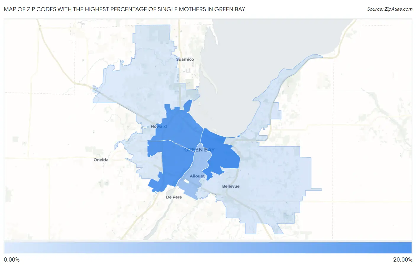 Zip Codes with the Highest Percentage of Single Mothers in Green Bay Map