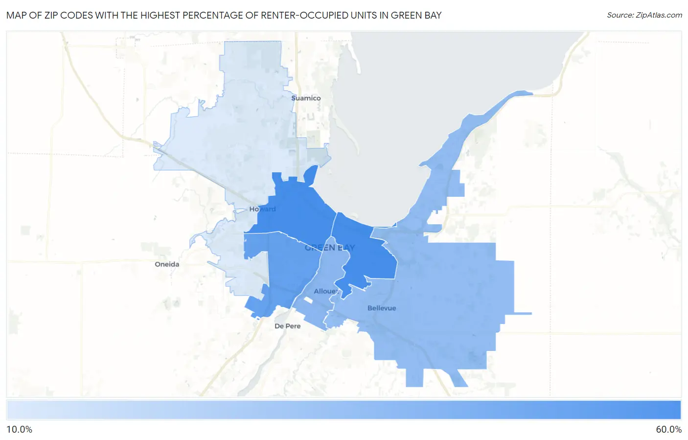 Zip Codes with the Highest Percentage of Renter-Occupied Units in Green Bay Map