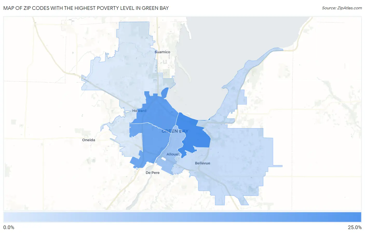 Zip Codes with the Highest Poverty Level in Green Bay Map
