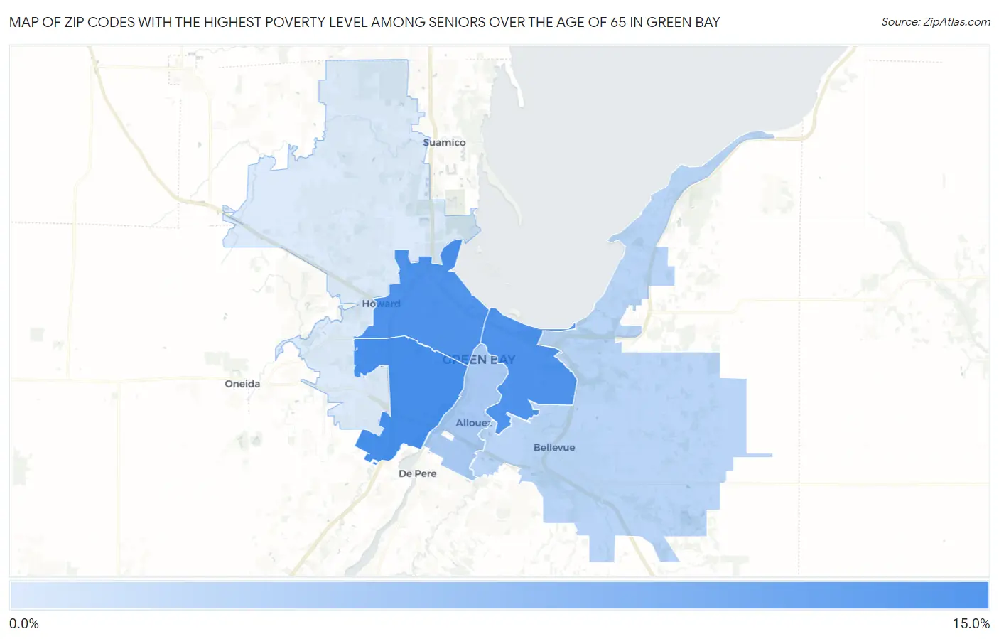 Zip Codes with the Highest Poverty Level Among Seniors Over the Age of 65 in Green Bay Map
