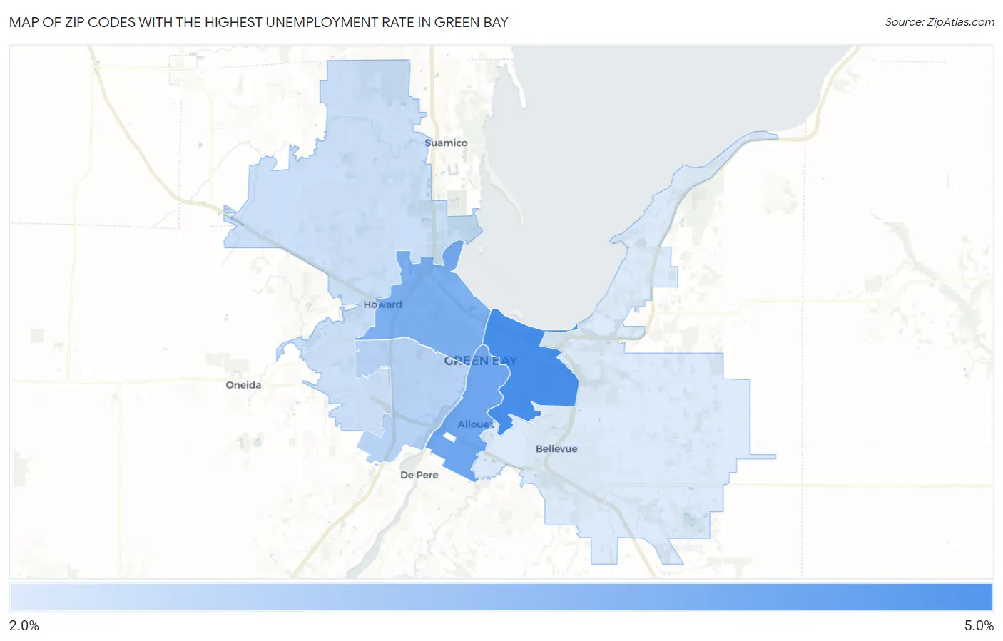 Zip Codes with the Highest Unemployment Rate in Green Bay Map