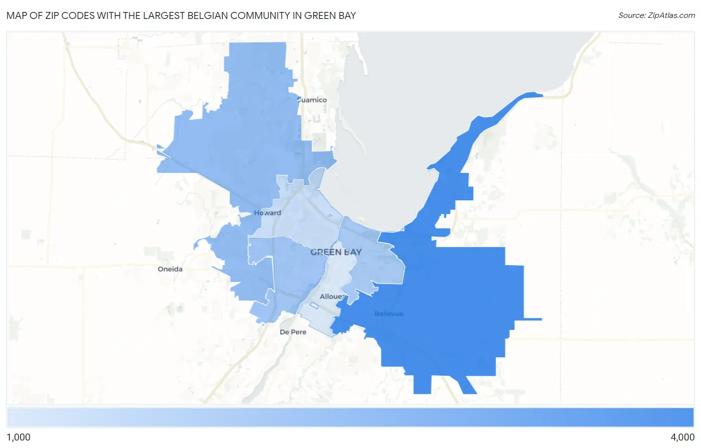 Zip Codes with the Largest Belgian Community in Green Bay Map