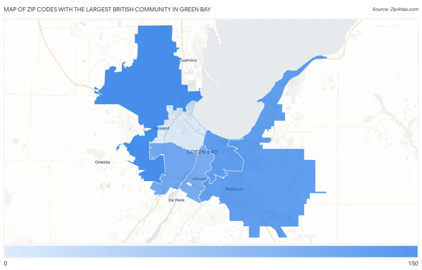 Zip Codes with the Largest British Community in Green Bay Map