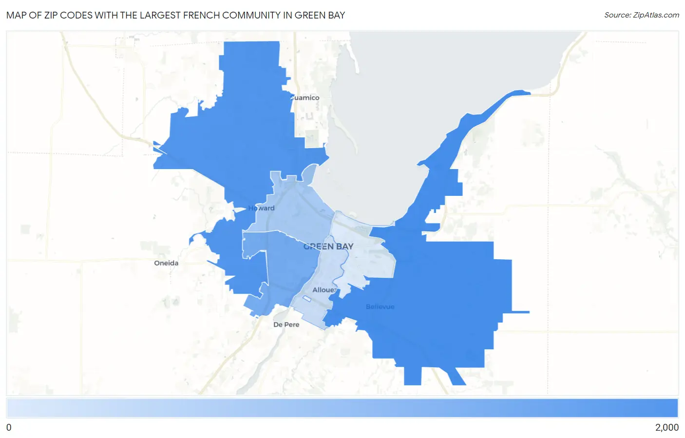 Zip Codes with the Largest French Community in Green Bay Map