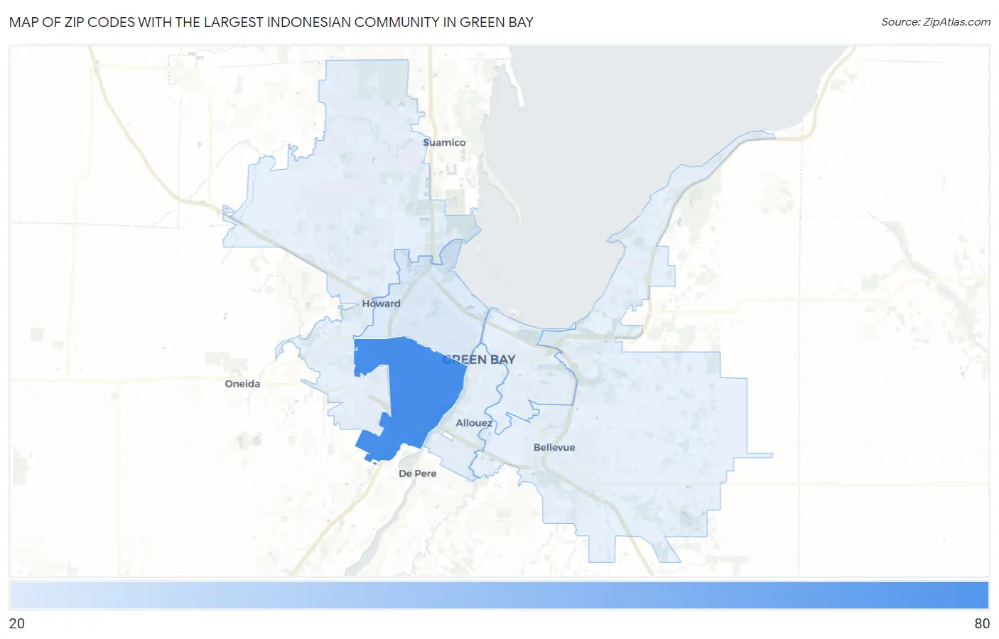 Zip Codes with the Largest Indonesian Community in Green Bay Map