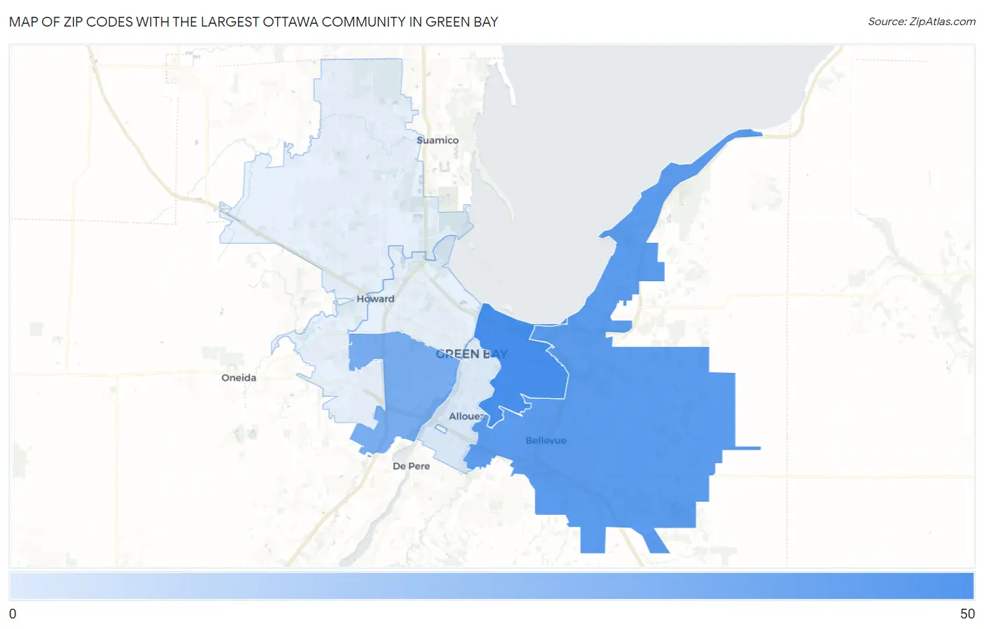 Zip Codes with the Largest Ottawa Community in Green Bay Map