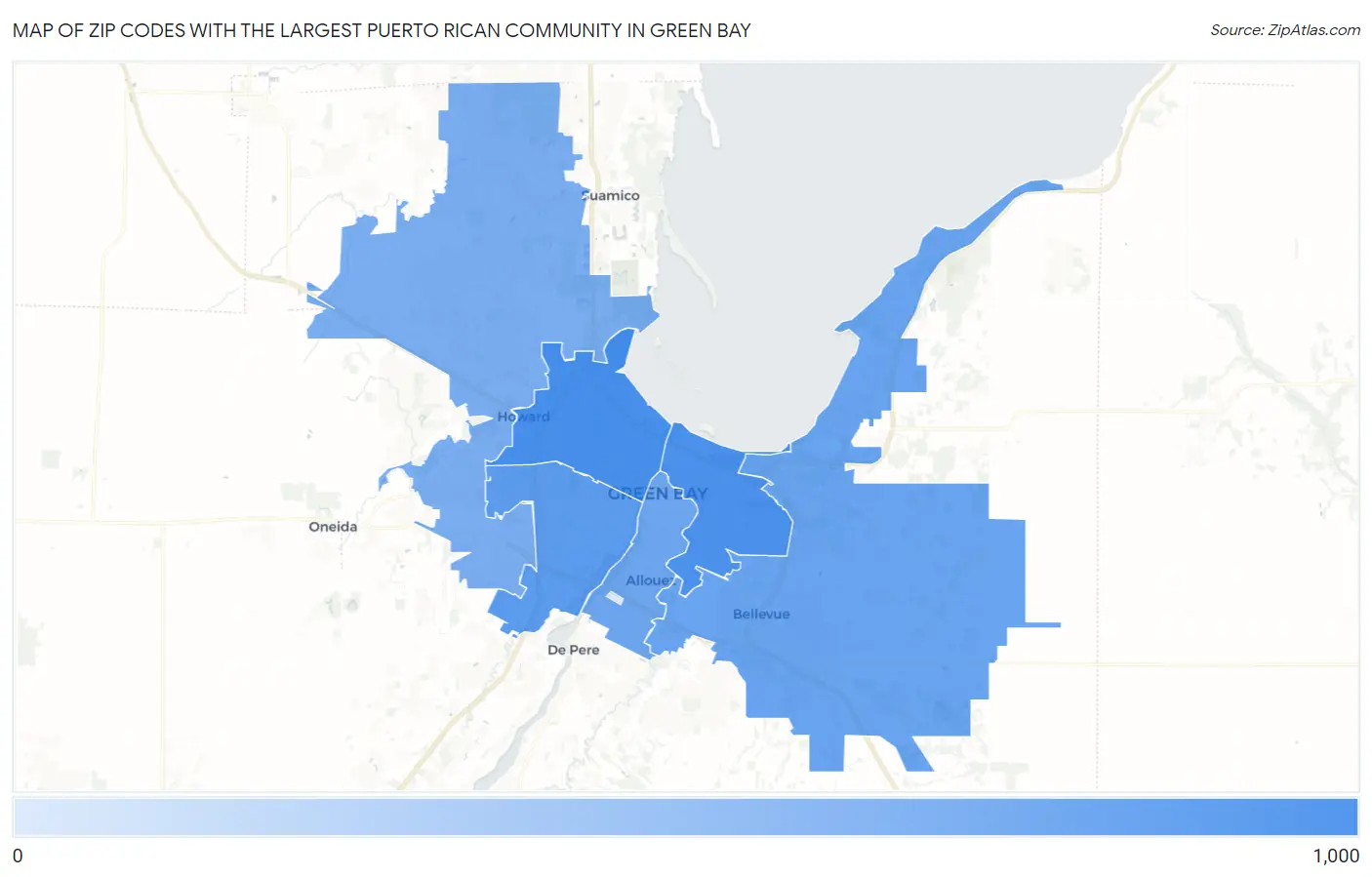 Zip Codes with the Largest Puerto Rican Community in Green Bay Map