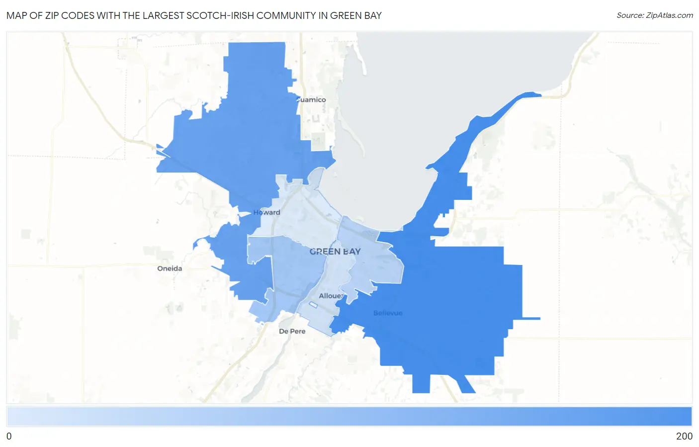 Zip Codes with the Largest Scotch-Irish Community in Green Bay Map