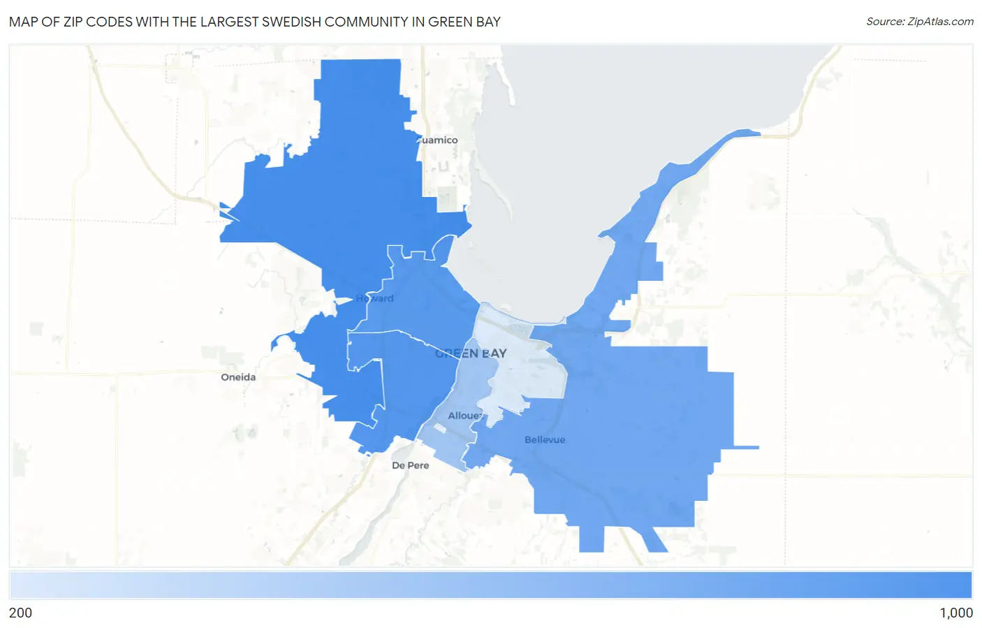 Zip Codes with the Largest Swedish Community in Green Bay Map