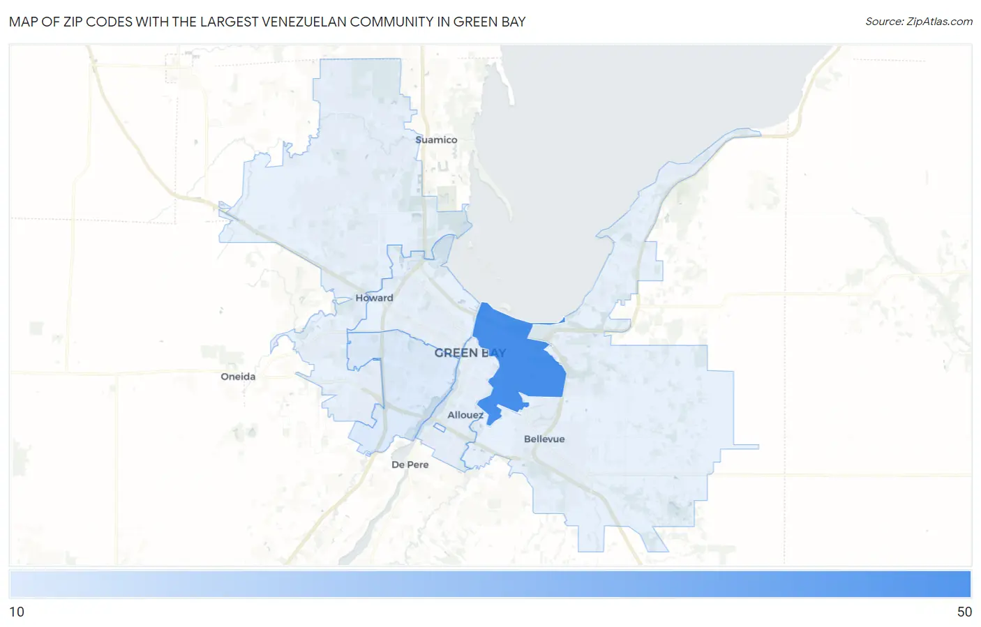 Zip Codes with the Largest Venezuelan Community in Green Bay Map