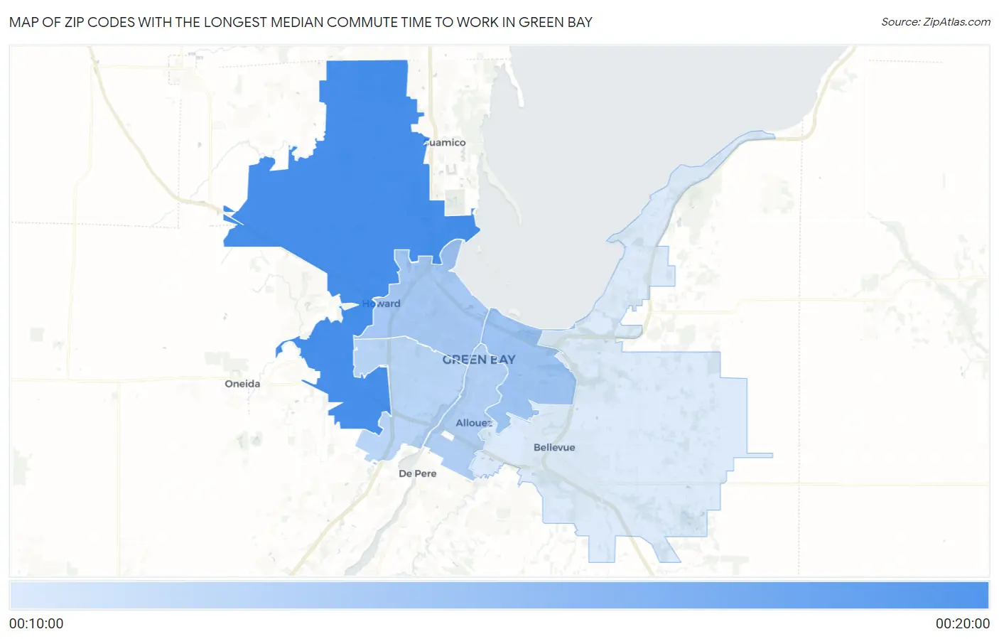 Zip Codes with the Longest Median Commute Time to Work in Green Bay Map