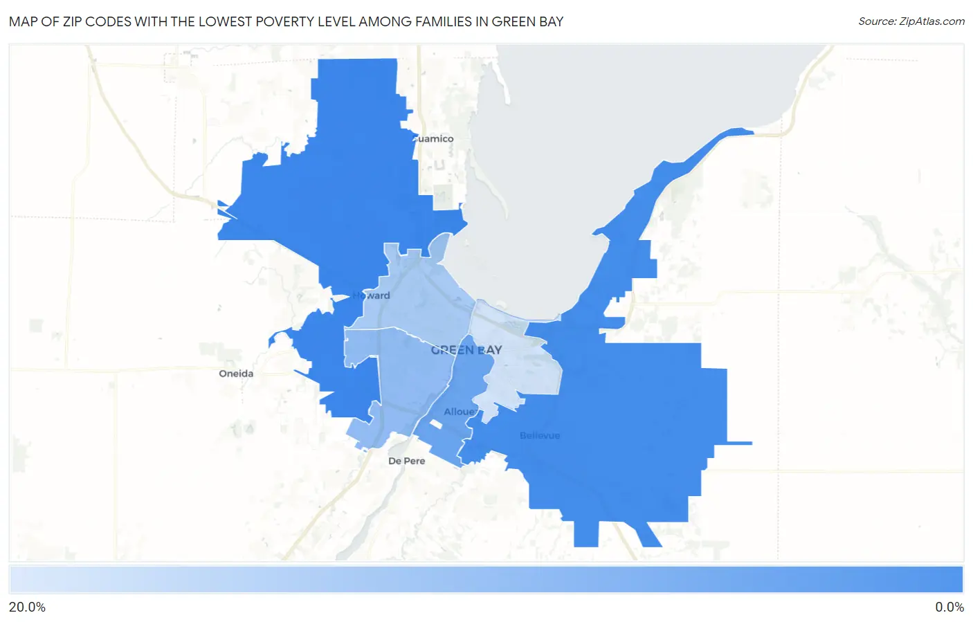 Zip Codes with the Lowest Poverty Level Among Families in Green Bay Map