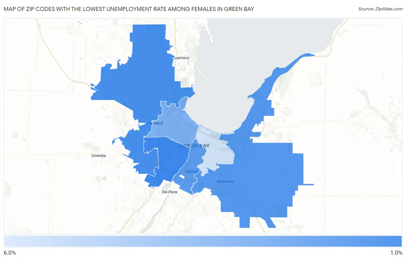Zip Codes with the Lowest Unemployment Rate Among Females in Green Bay Map