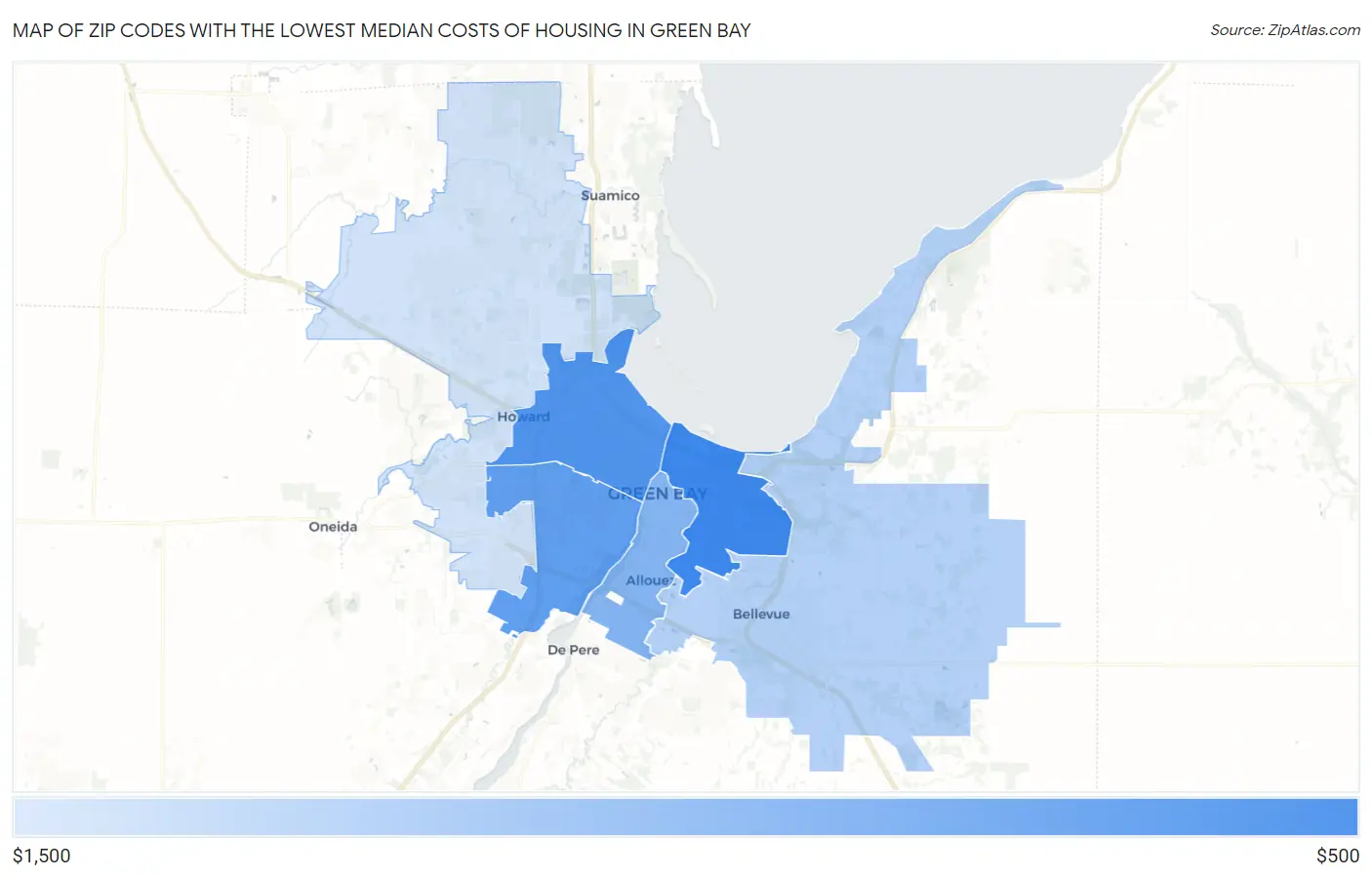 Zip Codes with the Lowest Median Costs of Housing in Green Bay Map