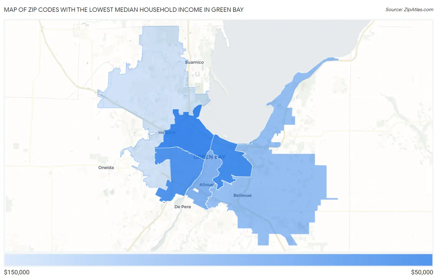 Zip Codes with the Lowest Median Household Income in Green Bay Map