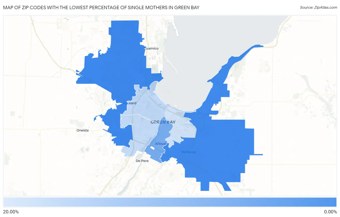 Zip Codes with the Lowest Percentage of Single Mothers in Green Bay Map