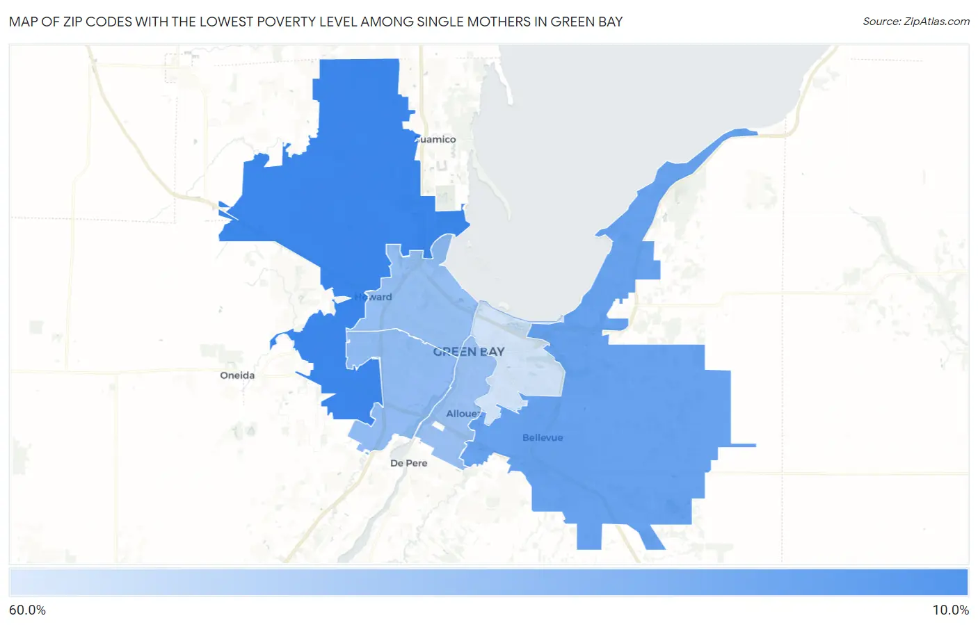Zip Codes with the Lowest Poverty Level Among Single Mothers in Green Bay Map