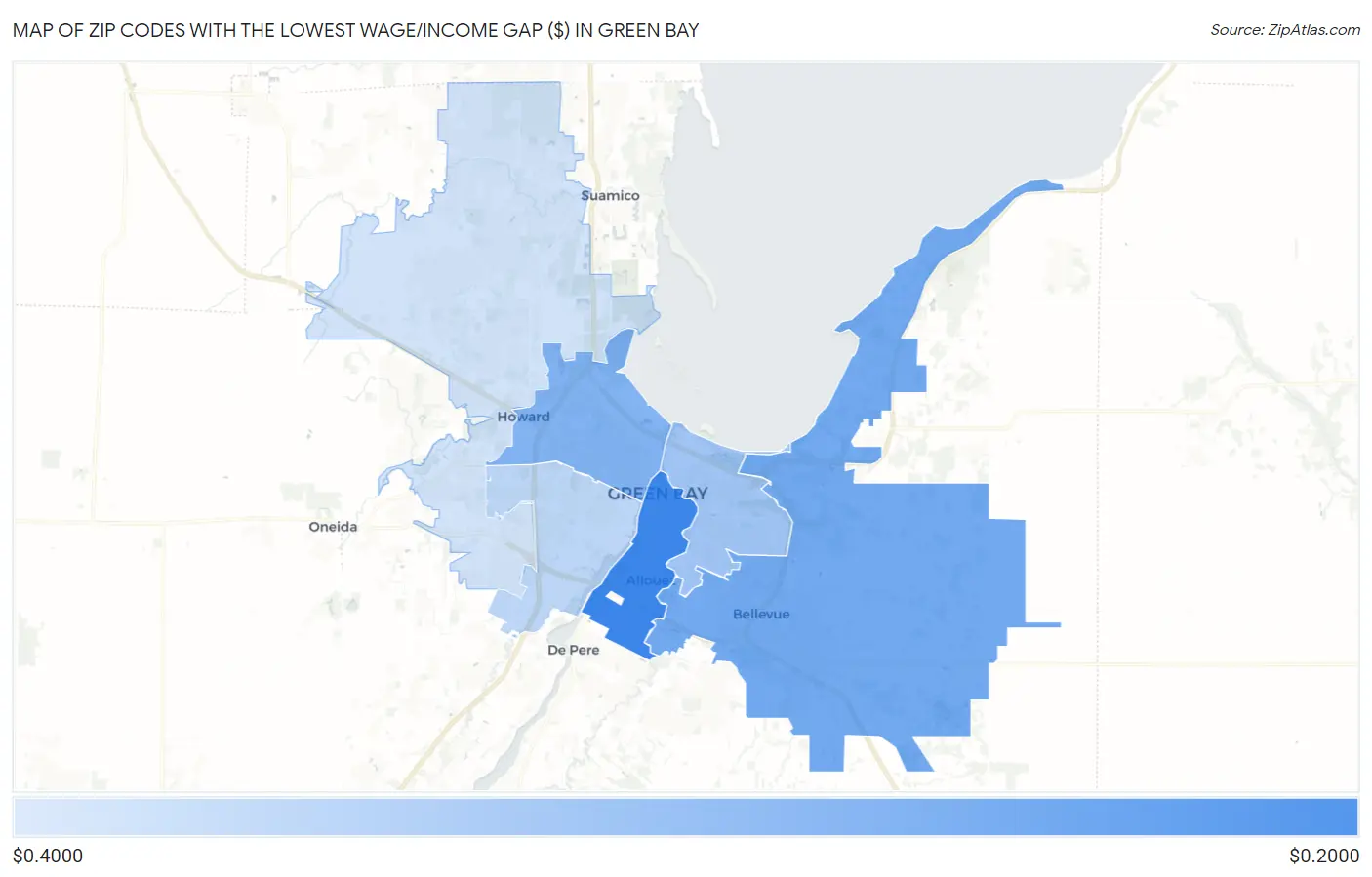 Zip Codes with the Lowest Wage/Income Gap ($) in Green Bay Map