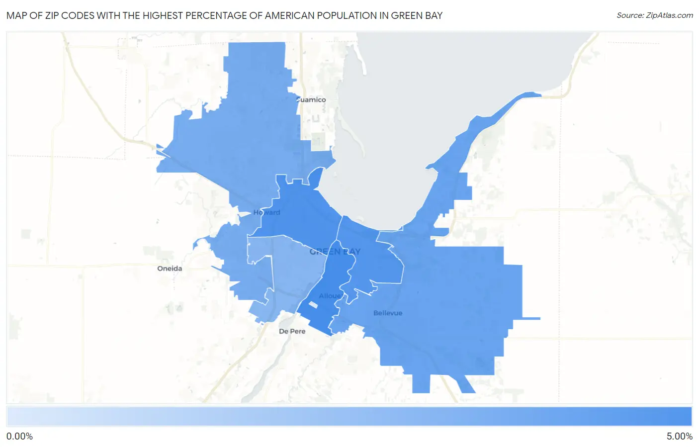 Zip Codes with the Highest Percentage of American Population in Green Bay Map
