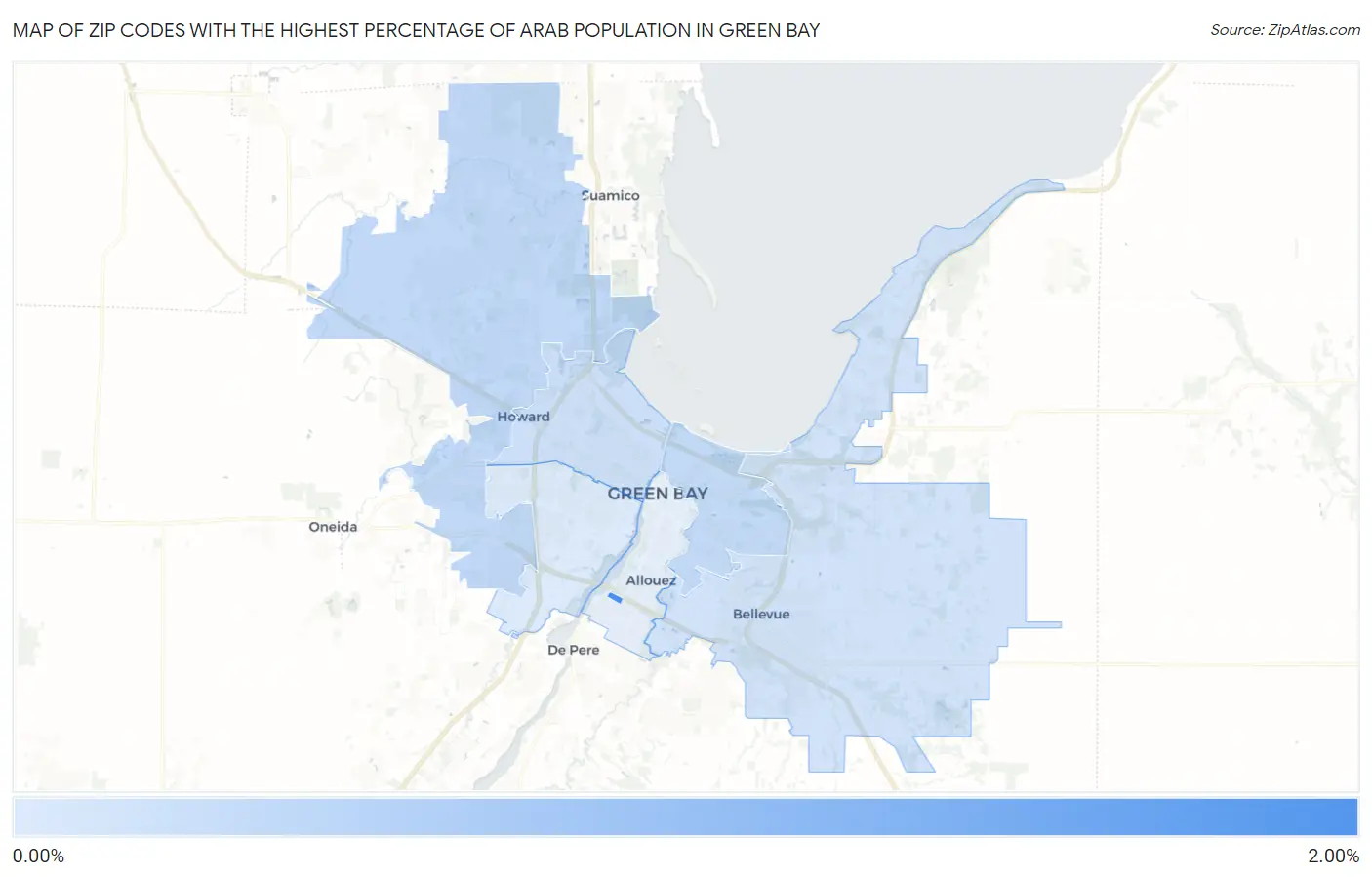 Zip Codes with the Highest Percentage of Arab Population in Green Bay Map