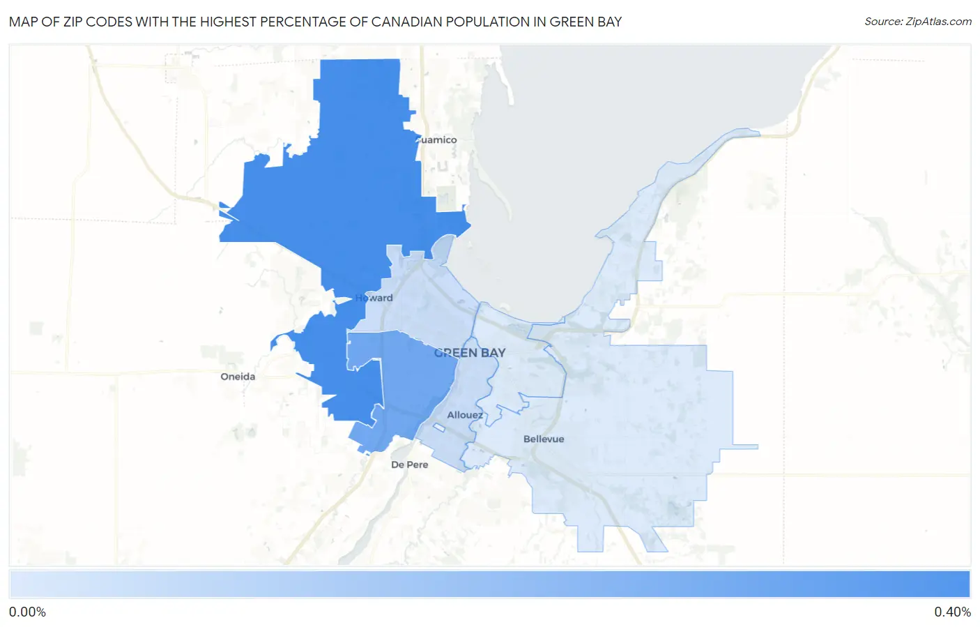 Zip Codes with the Highest Percentage of Canadian Population in Green Bay Map