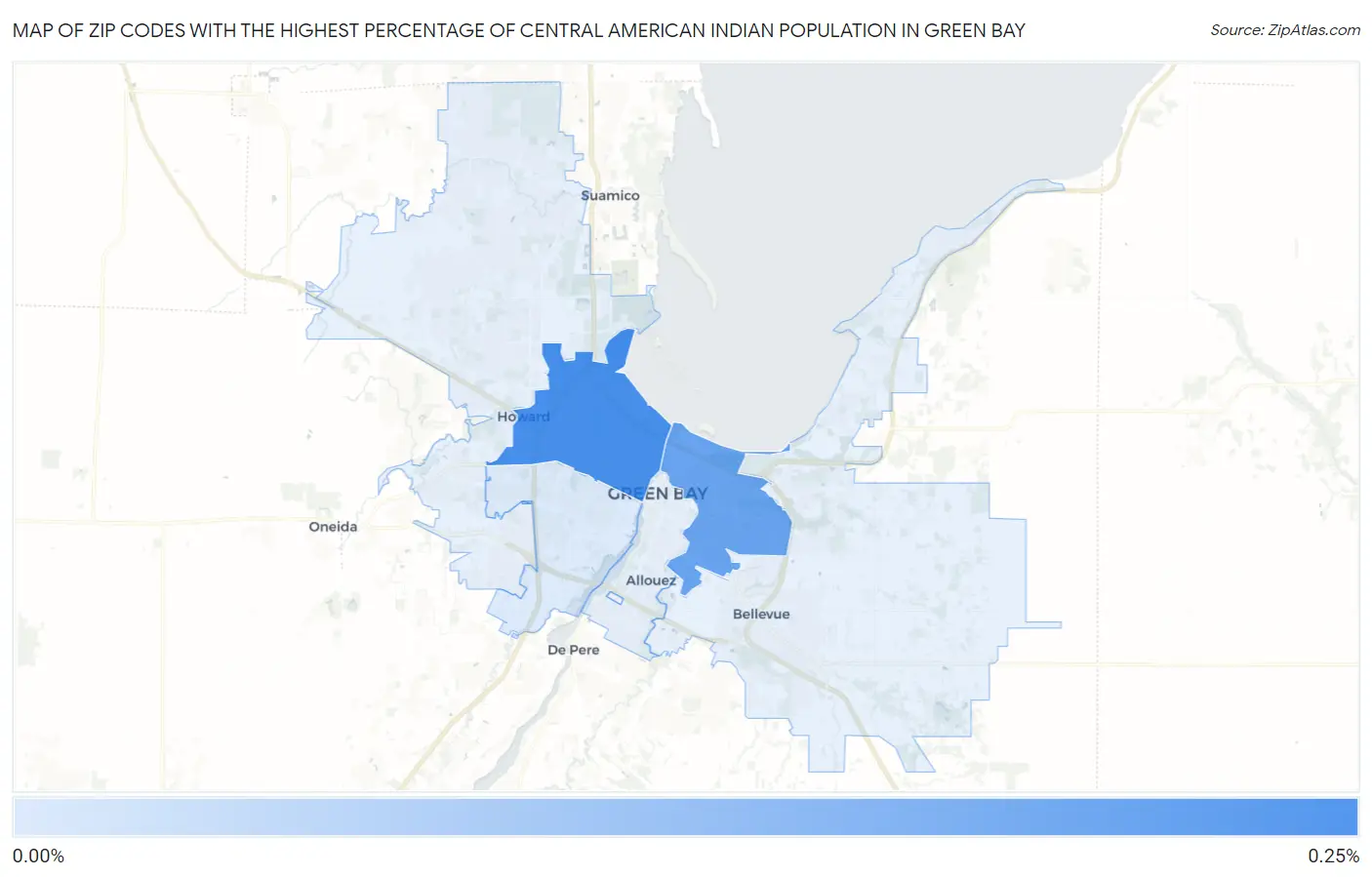 Zip Codes with the Highest Percentage of Central American Indian Population in Green Bay Map