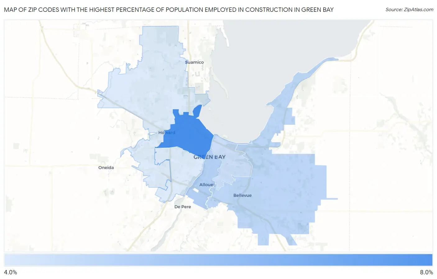 Zip Codes with the Highest Percentage of Population Employed in Construction in Green Bay Map