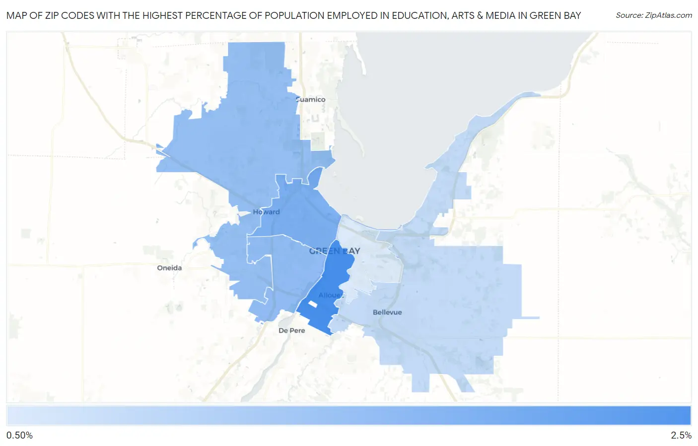 Zip Codes with the Highest Percentage of Population Employed in Education, Arts & Media in Green Bay Map