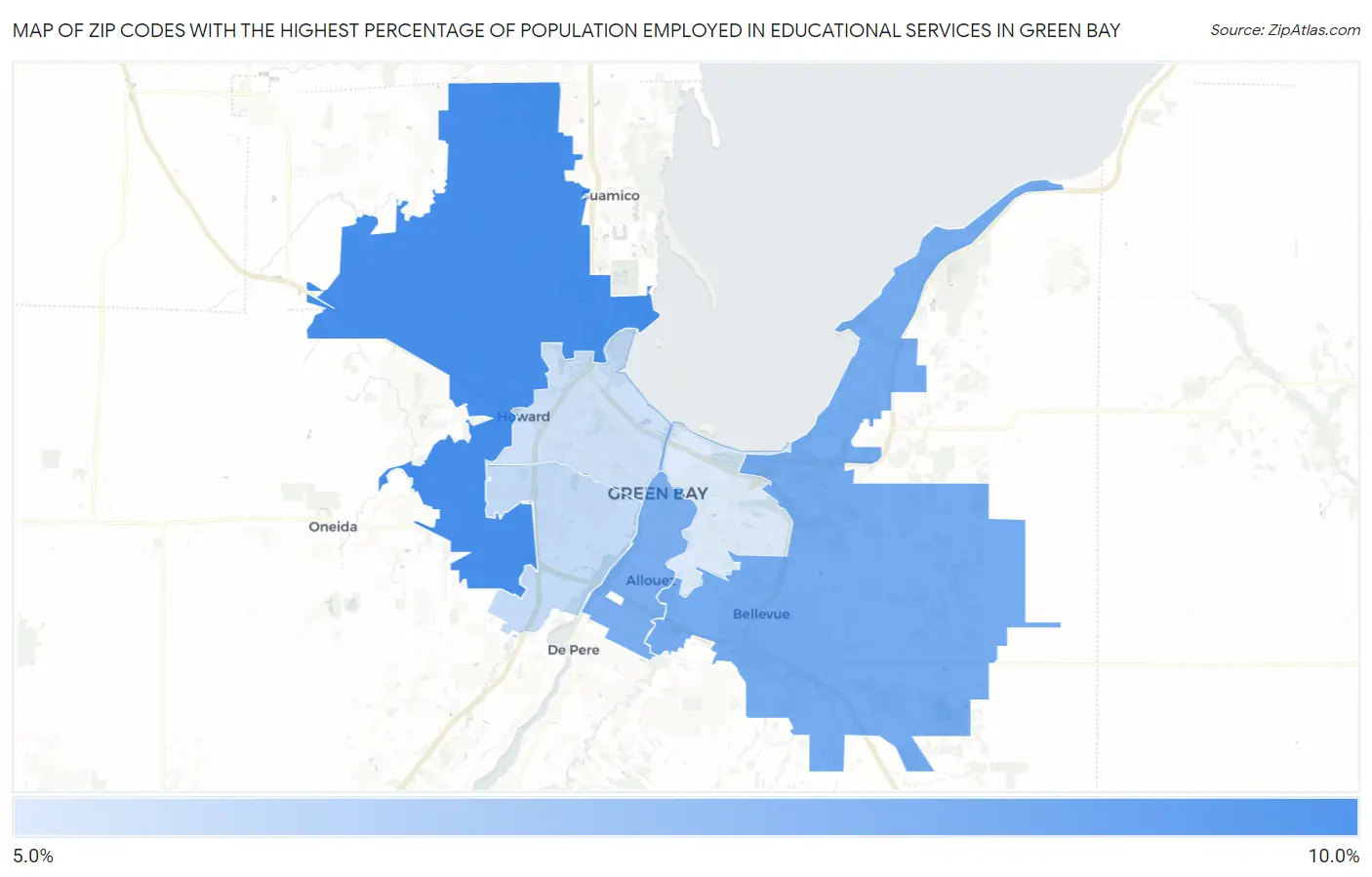 Zip Codes with the Highest Percentage of Population Employed in Educational Services in Green Bay Map