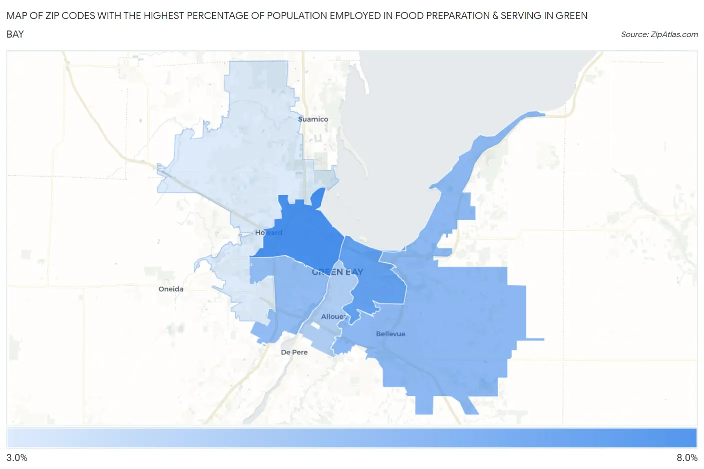 Zip Codes with the Highest Percentage of Population Employed in Food Preparation & Serving in Green Bay Map