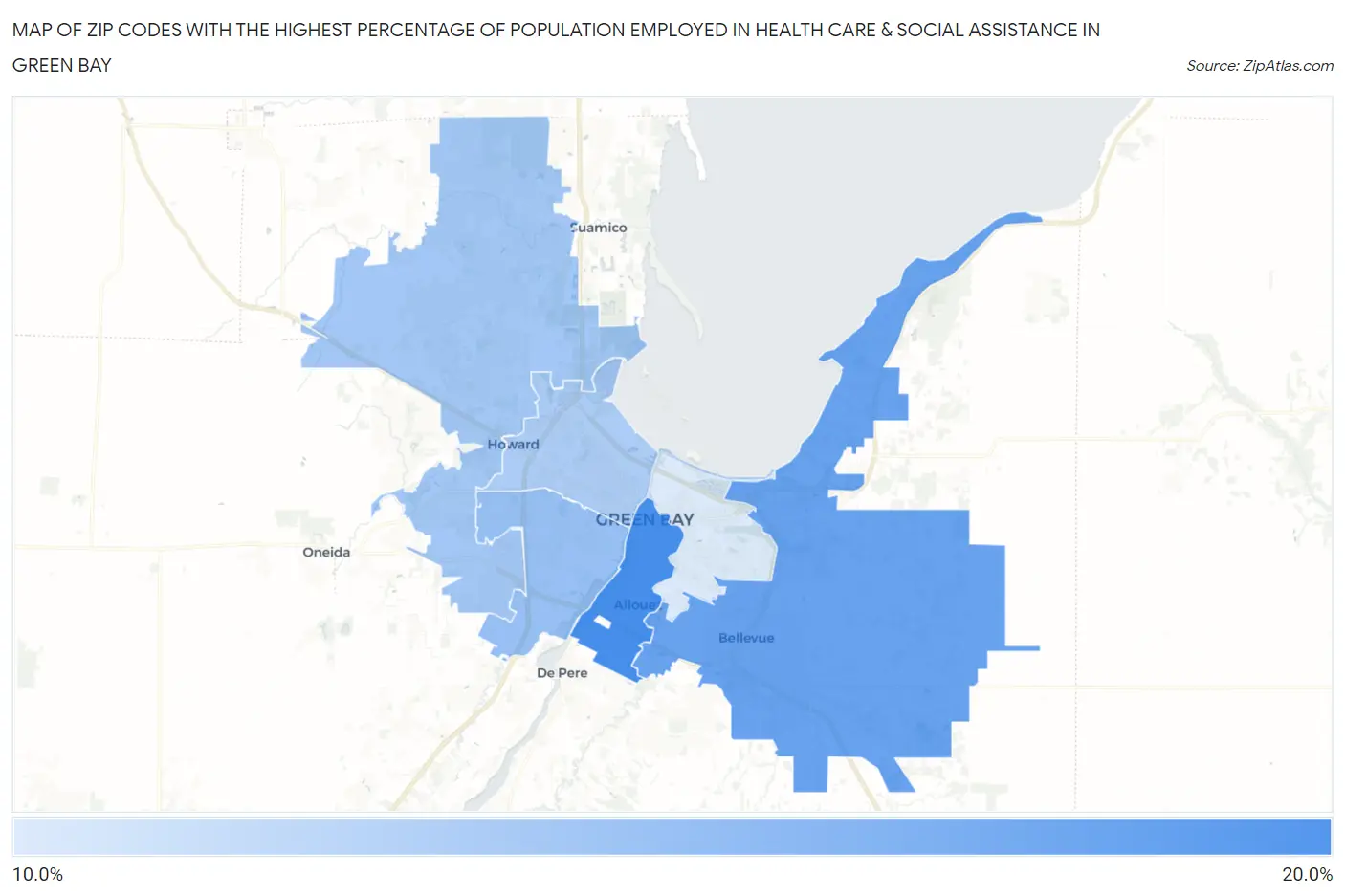 Zip Codes with the Highest Percentage of Population Employed in Health Care & Social Assistance in Green Bay Map