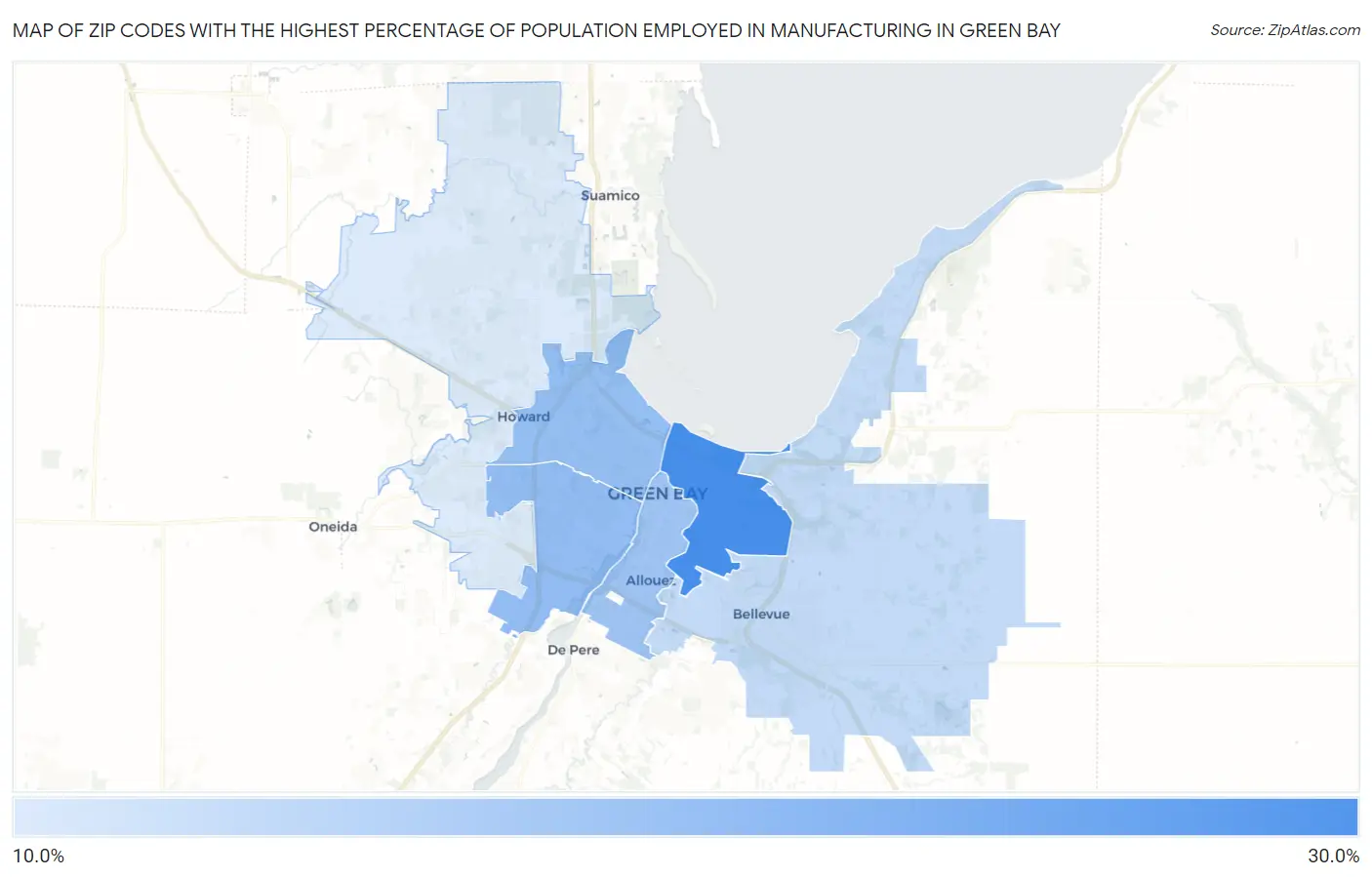 Zip Codes with the Highest Percentage of Population Employed in Manufacturing in Green Bay Map