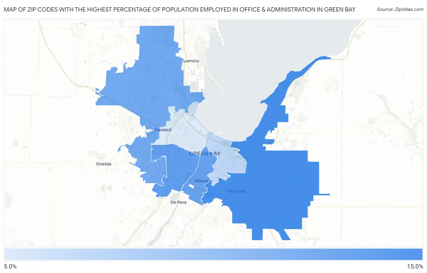 Zip Codes with the Highest Percentage of Population Employed in Office & Administration in Green Bay Map