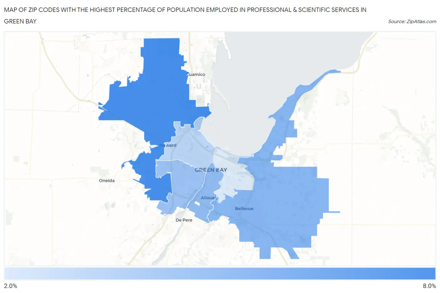 Zip Codes with the Highest Percentage of Population Employed in Professional & Scientific Services in Green Bay Map