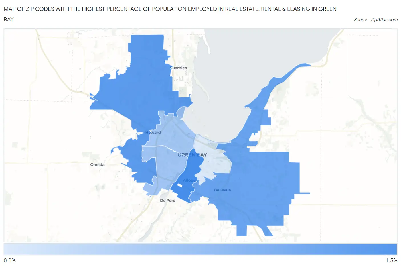Zip Codes with the Highest Percentage of Population Employed in Real Estate, Rental & Leasing in Green Bay Map