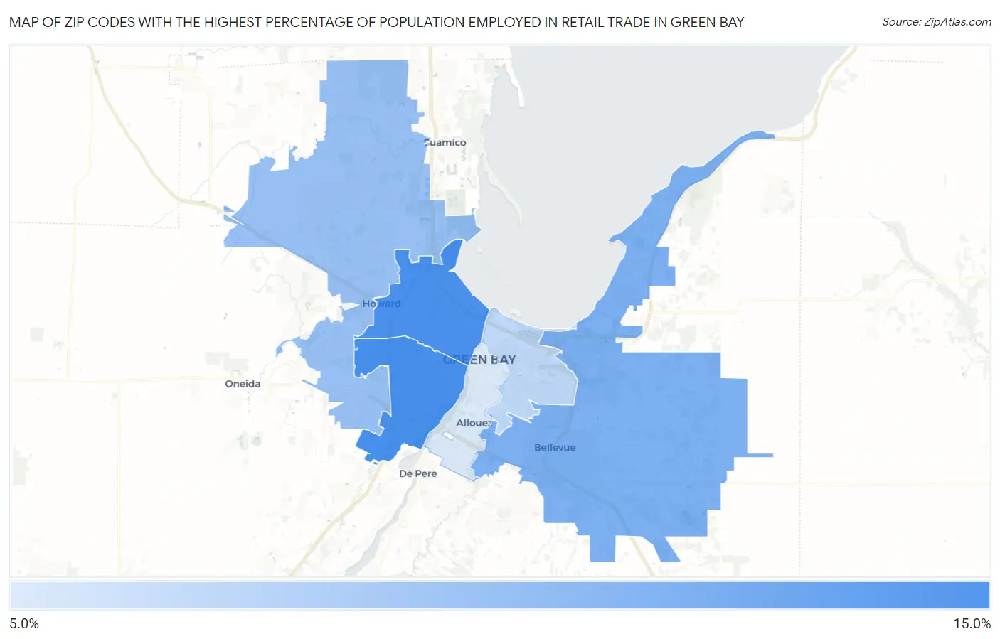 Zip Codes with the Highest Percentage of Population Employed in Retail Trade in Green Bay Map
