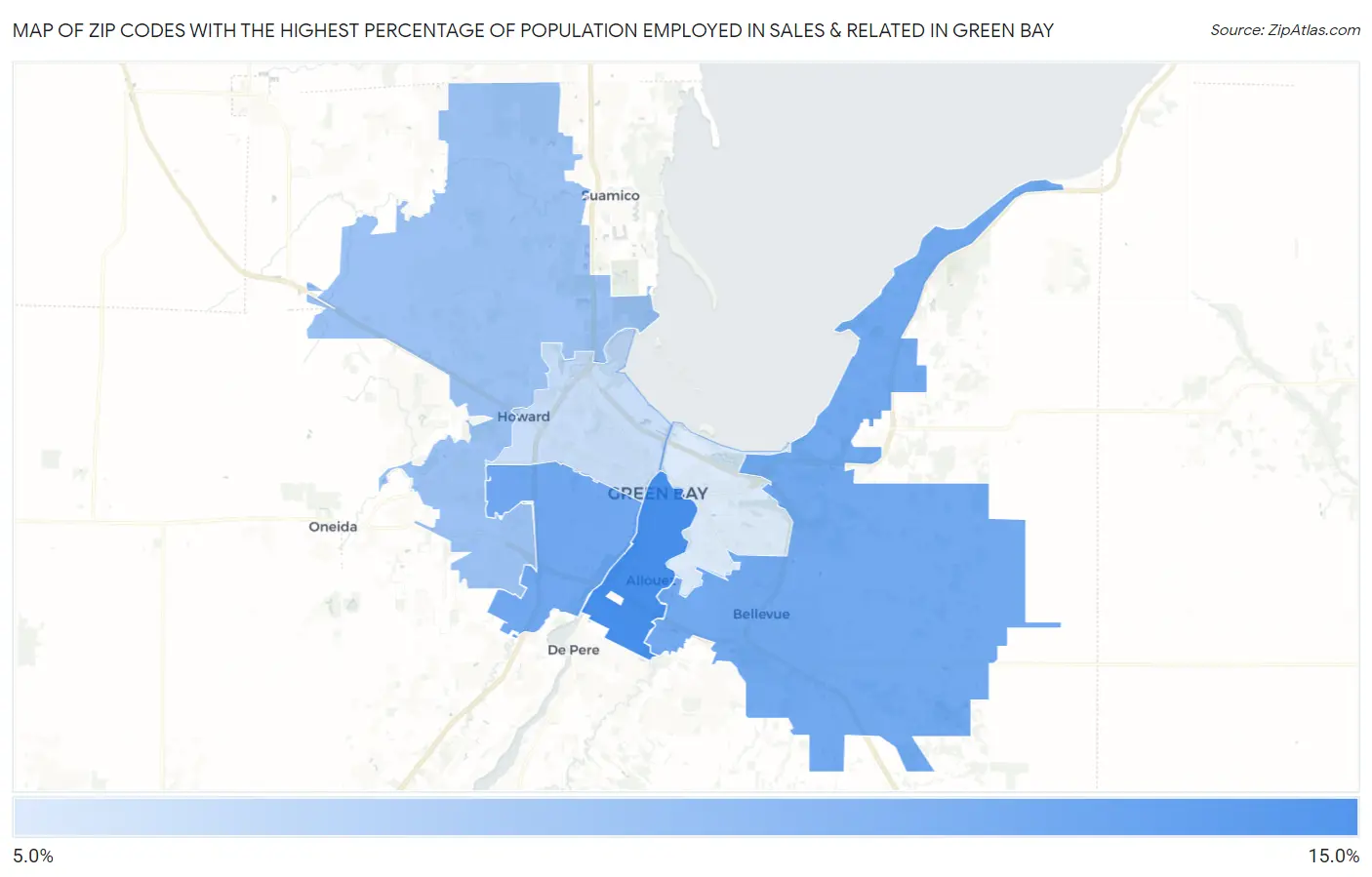Zip Codes with the Highest Percentage of Population Employed in Sales & Related in Green Bay Map