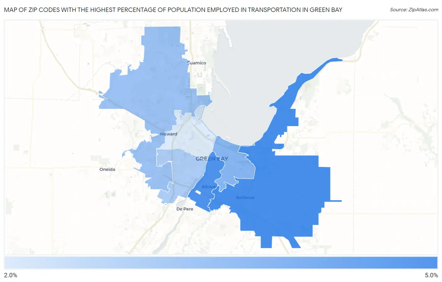 Zip Codes with the Highest Percentage of Population Employed in Transportation in Green Bay Map