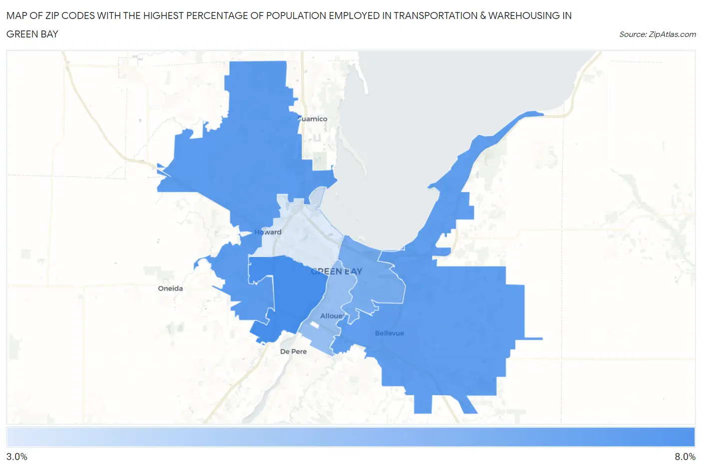 Zip Codes with the Highest Percentage of Population Employed in Transportation & Warehousing in Green Bay Map