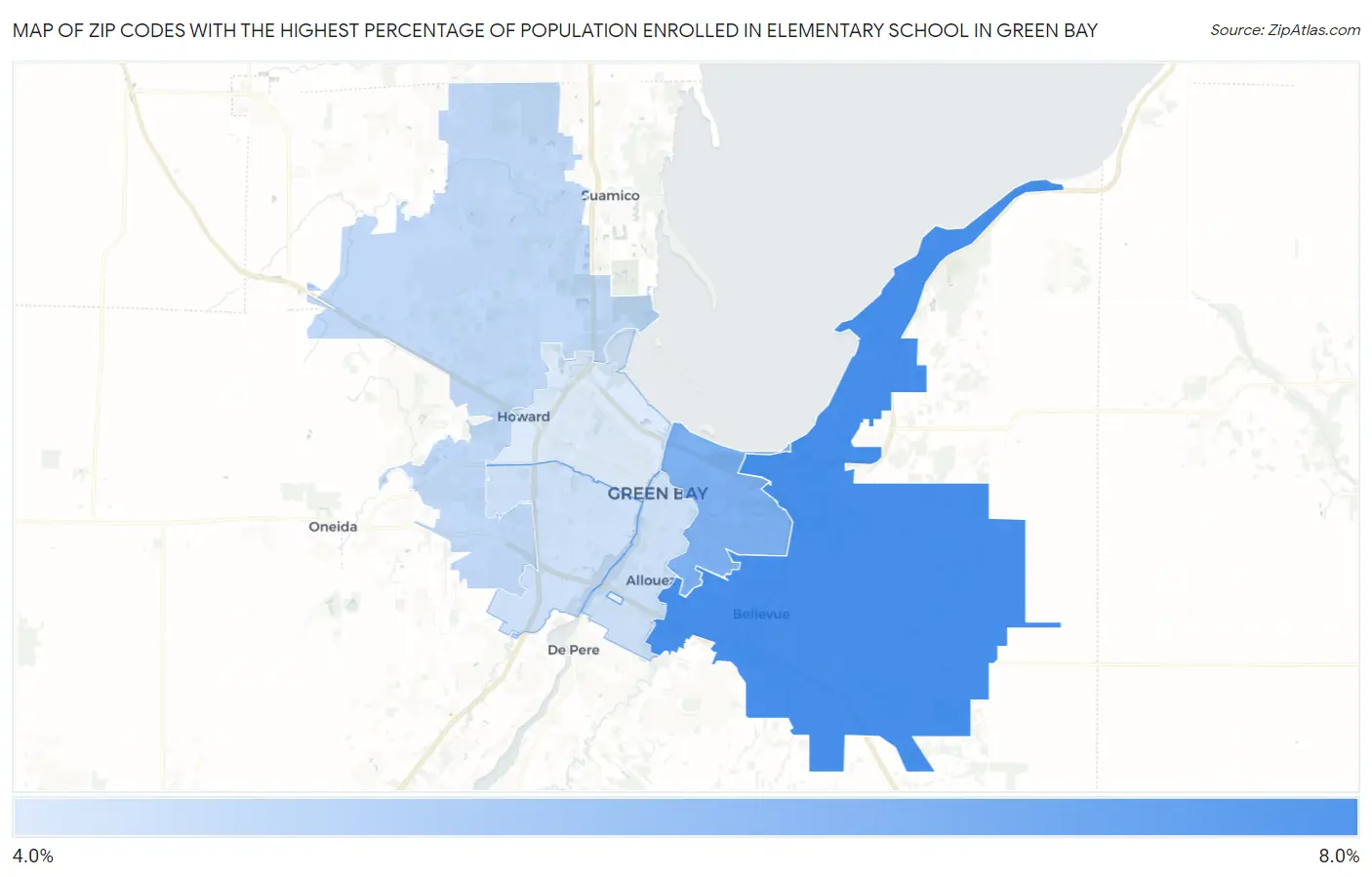 Zip Codes with the Highest Percentage of Population Enrolled in Elementary School in Green Bay Map