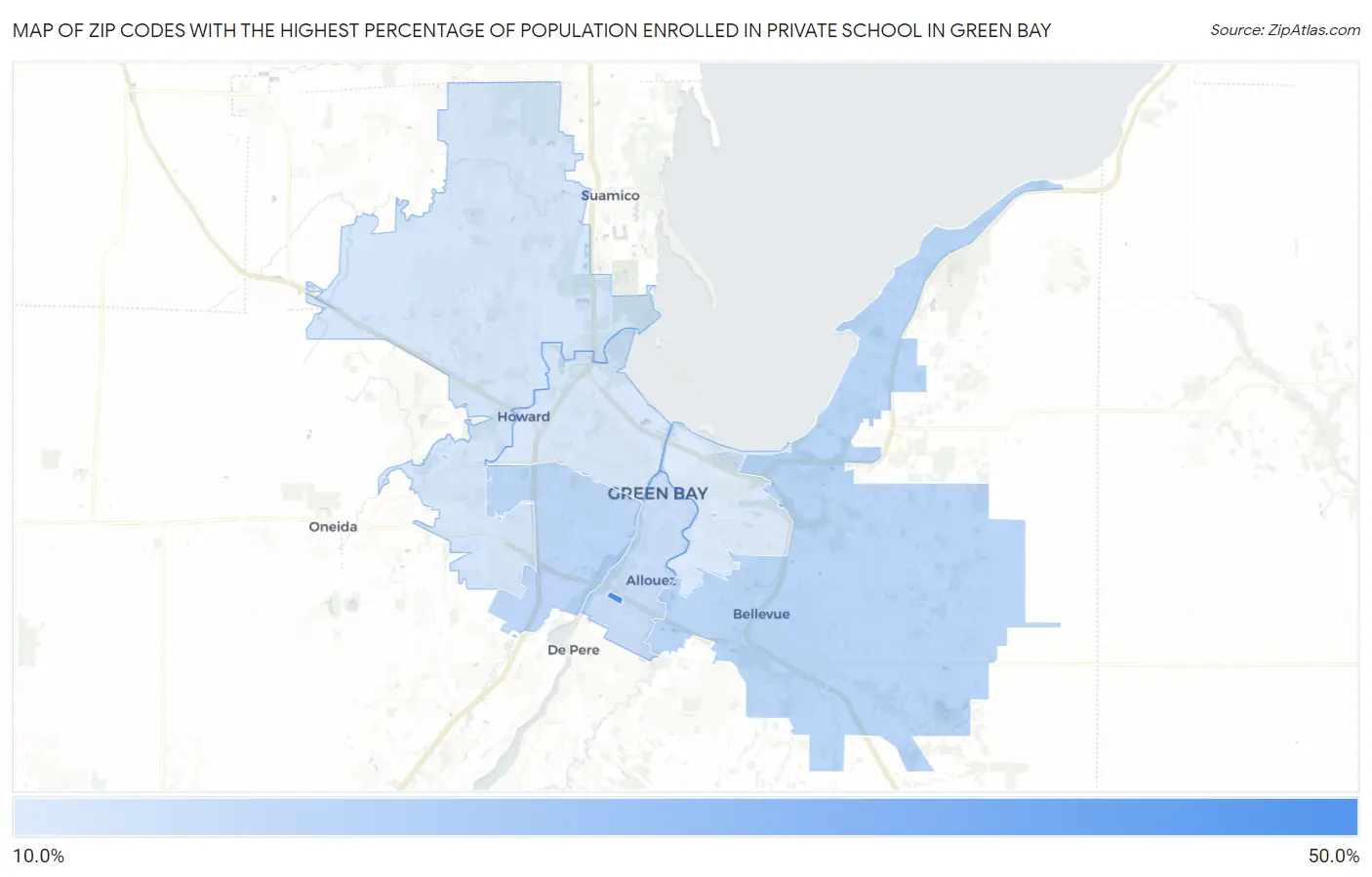 Zip Codes with the Highest Percentage of Population Enrolled in Private School in Green Bay Map