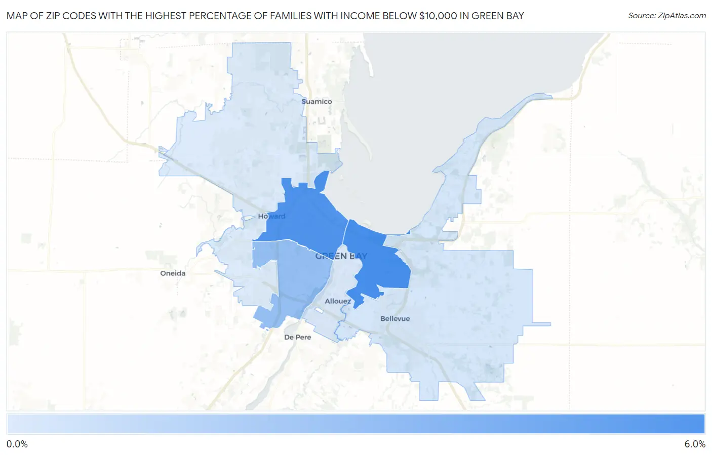 Zip Codes with the Highest Percentage of Families with Income Below $10,000 in Green Bay Map