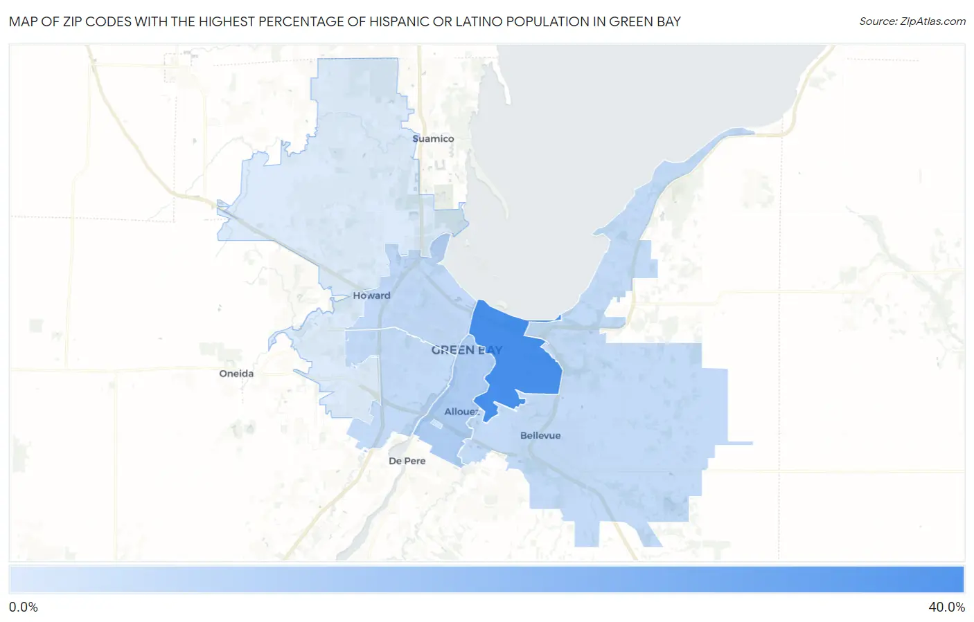 Zip Codes with the Highest Percentage of Hispanic or Latino Population in Green Bay Map