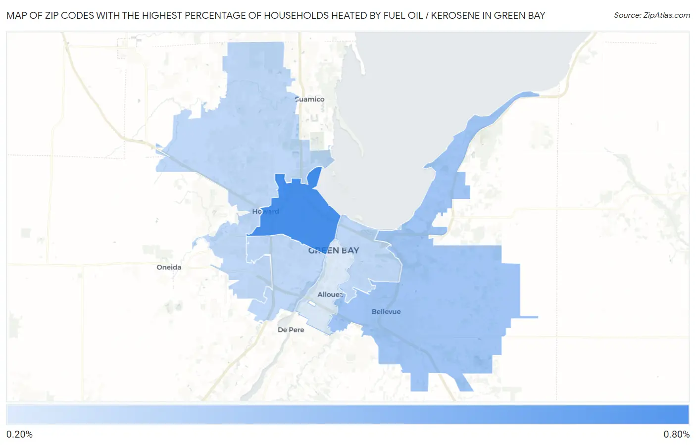 Zip Codes with the Highest Percentage of Households Heated by Fuel Oil / Kerosene in Green Bay Map
