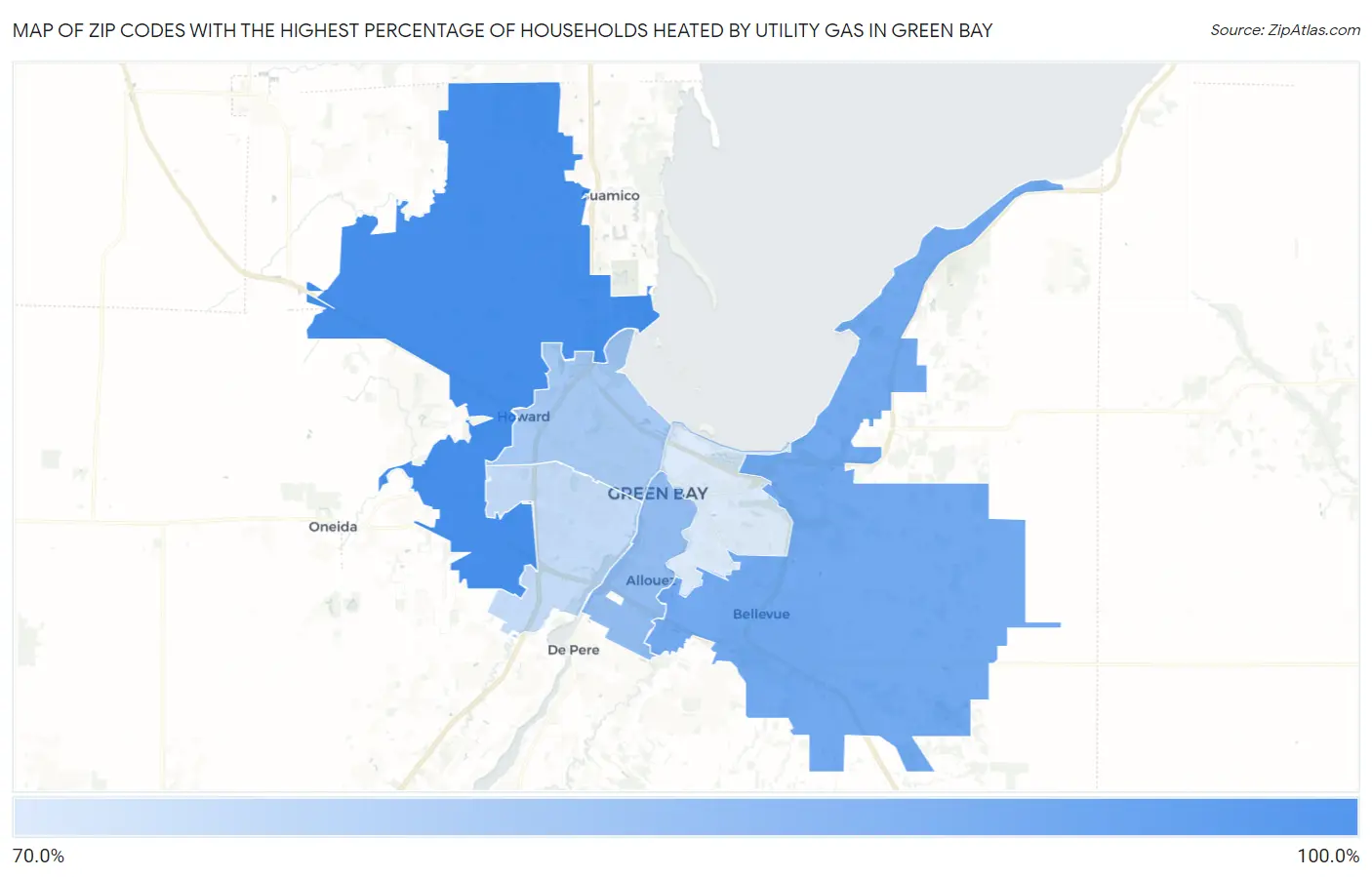 Zip Codes with the Highest Percentage of Households Heated by Utility Gas in Green Bay Map