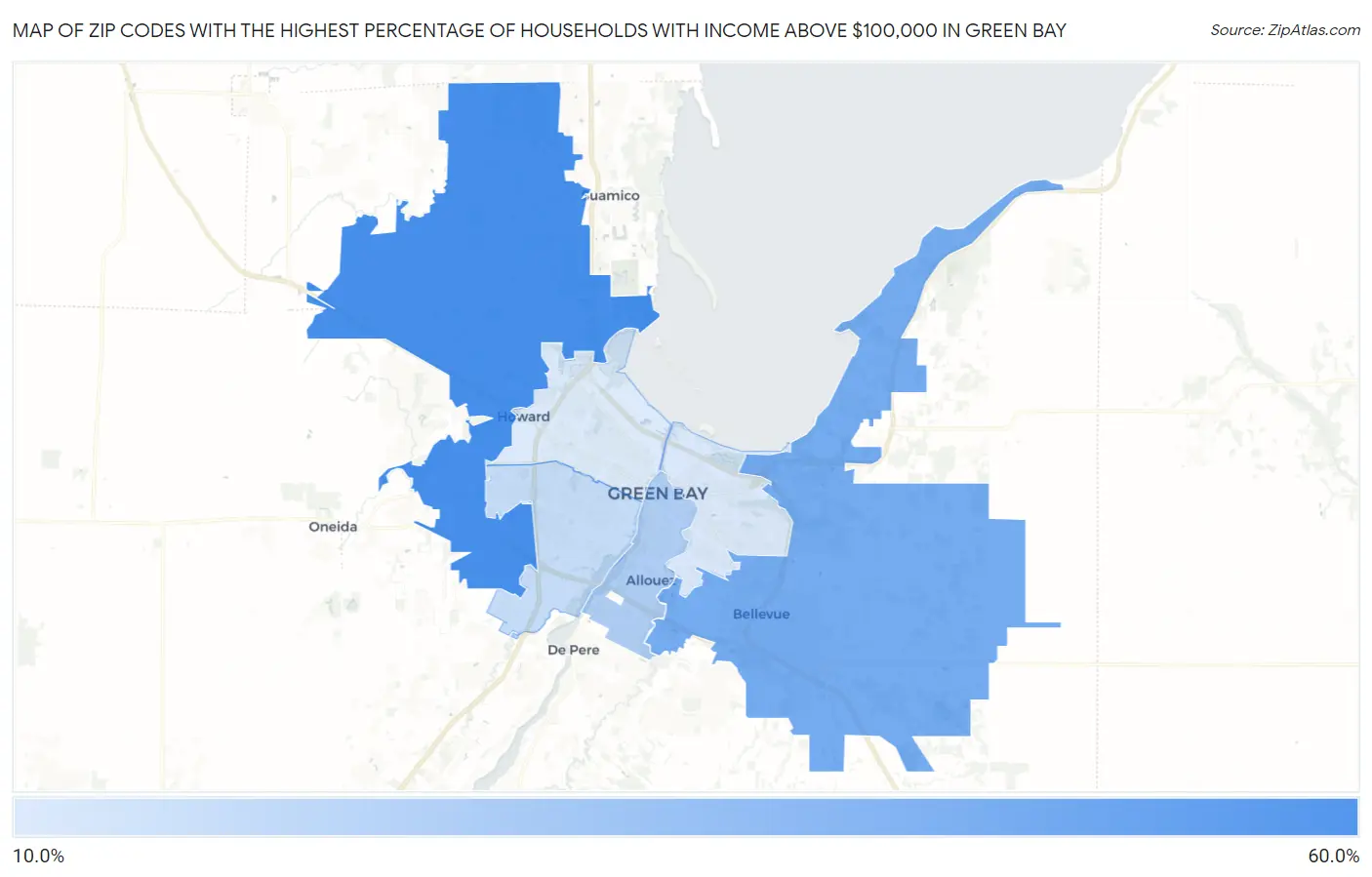 Zip Codes with the Highest Percentage of Households with Income Above $100,000 in Green Bay Map