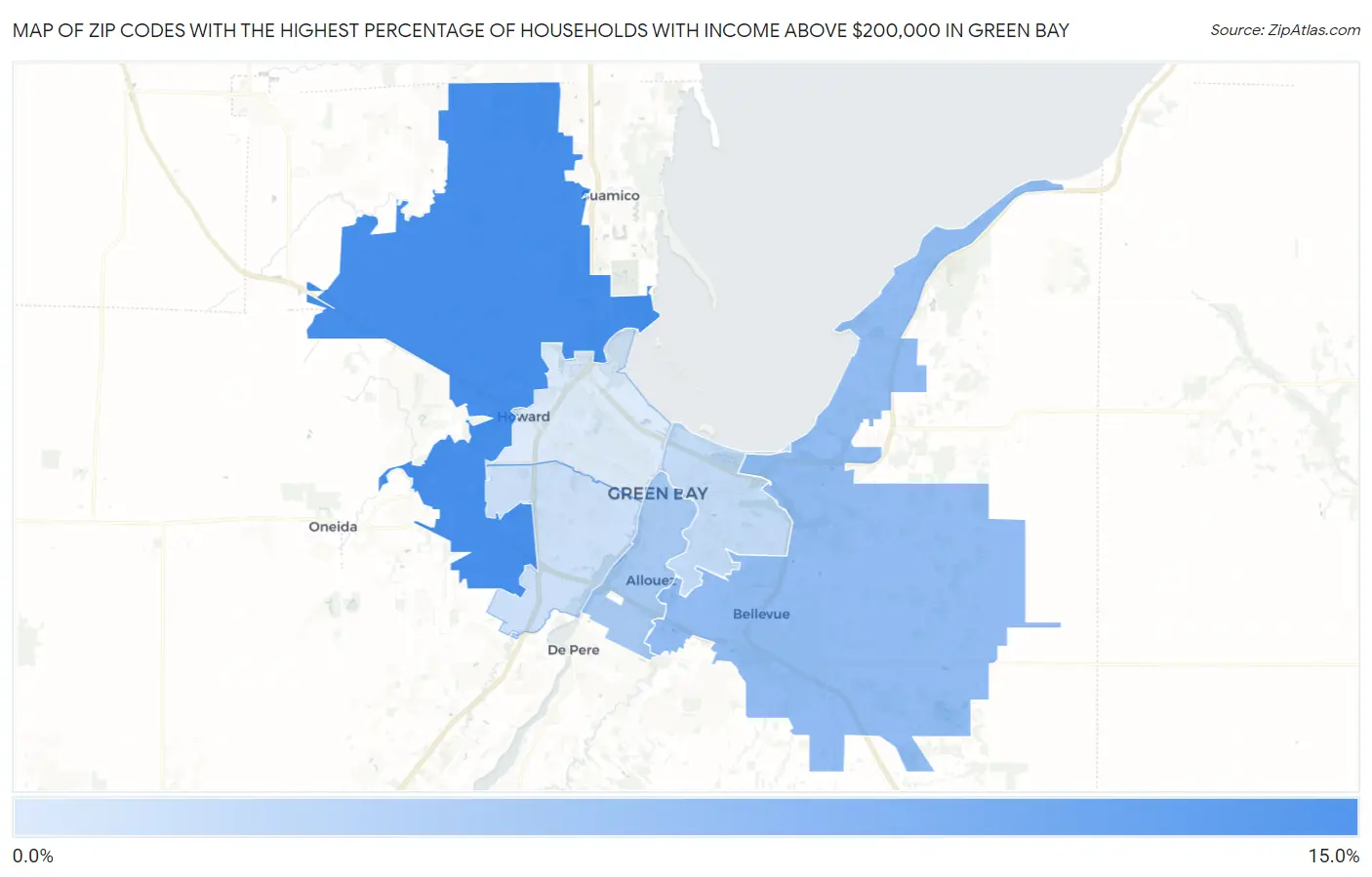 Zip Codes with the Highest Percentage of Households with Income Above $200,000 in Green Bay Map