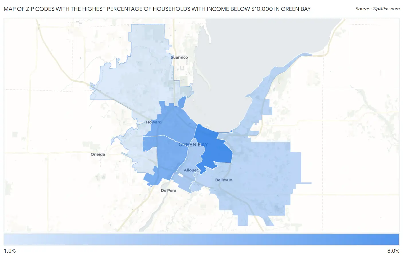 Zip Codes with the Highest Percentage of Households with Income Below $10,000 in Green Bay Map