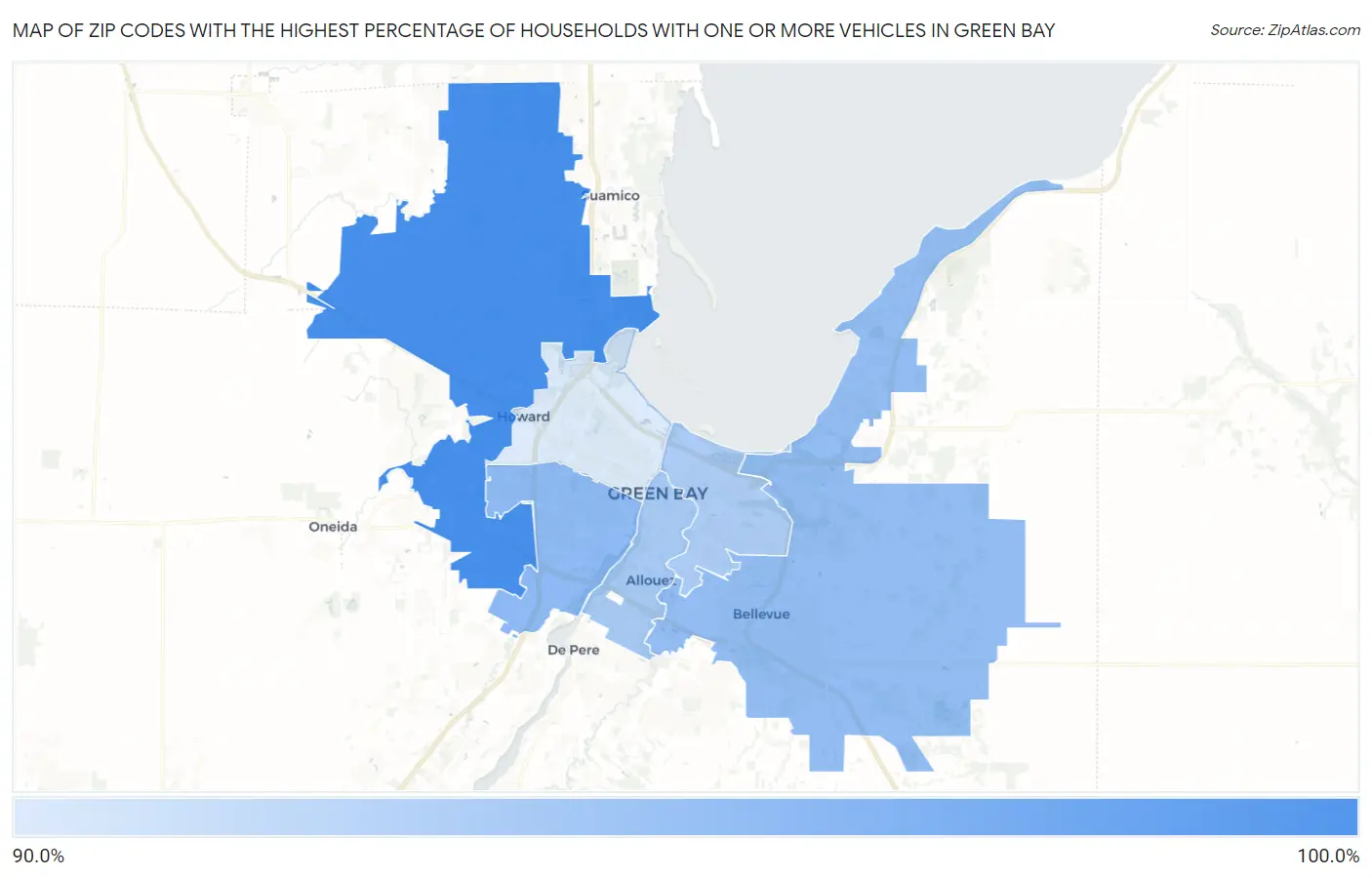 Zip Codes with the Highest Percentage of Households With One or more Vehicles in Green Bay Map